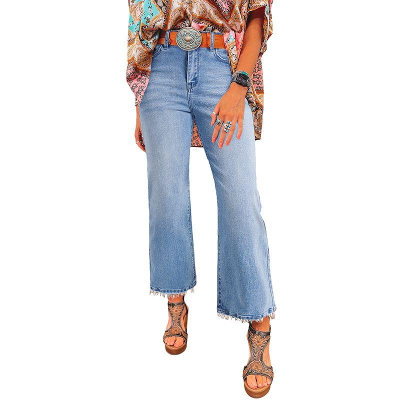 

European and American Personalized Washed Frayed Hem Jeans Women 2025 Autumn New Retro All-Match High Waist Cropped Pants Women Light blue P804 12