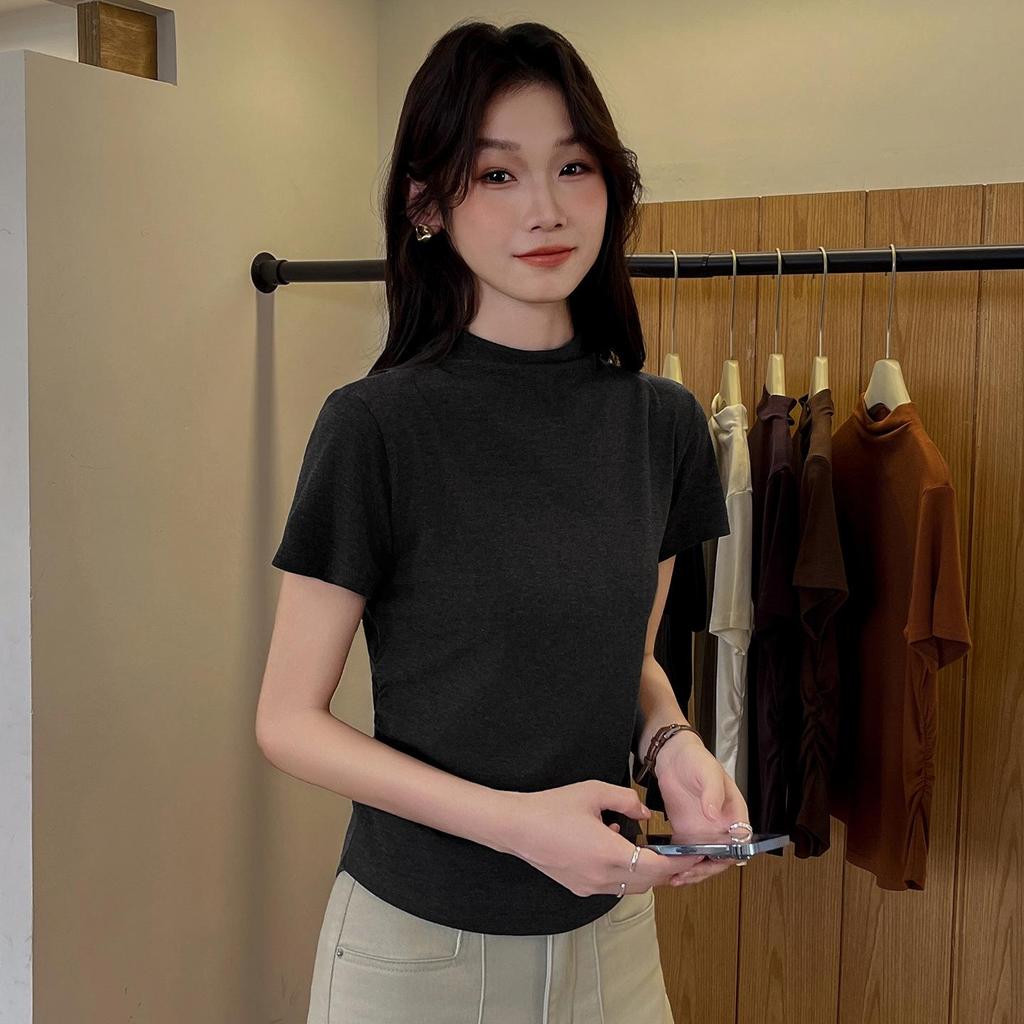 YB536# Women's Minimalist Half High Neck Slimming Solid Color Short Sleeve Shirt