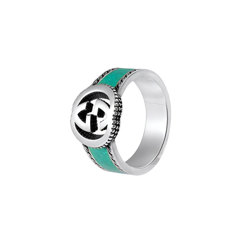 Gucci ring Double G Series Interlocking Double G Silver Jewelry Shiny 925 Silver Sapphire Green/Silver 11