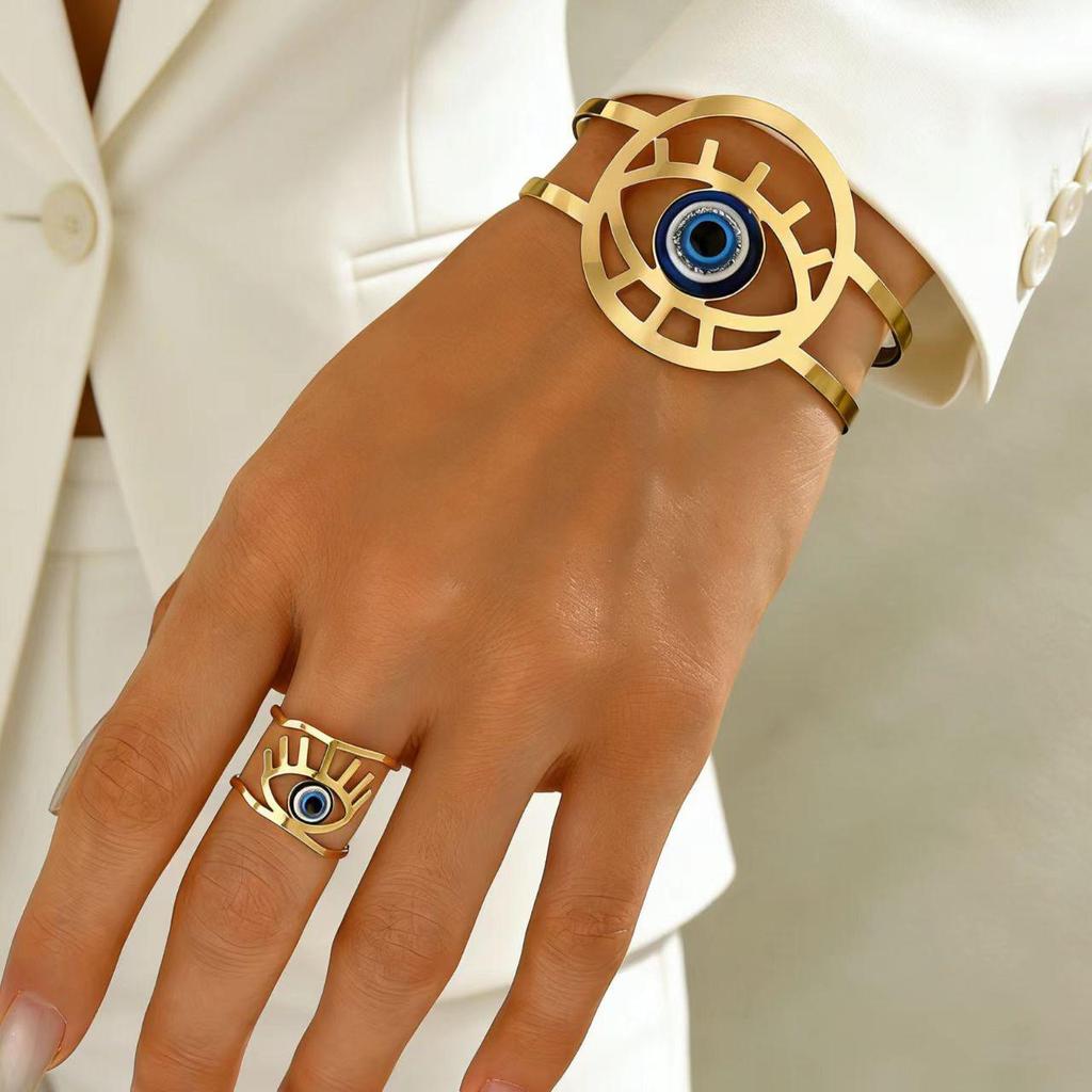 Devil Eye Hollow Ring Bracelet Set - Adjustable & Unique Design for Women