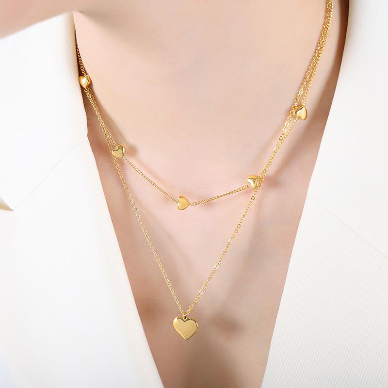 French Fashion Versatile Double-Layer Peach Heart Pendant Necklace Titanium Steel 18K Gold Retro Temperament Collarbone Chain Jewelry