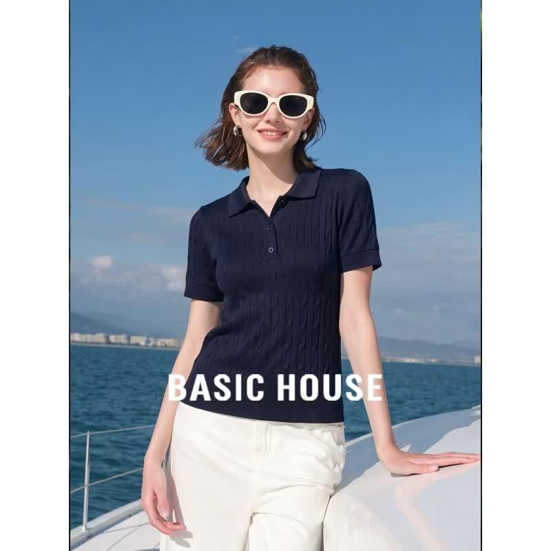 Basic House Women s Tencel Polo Knit Top M