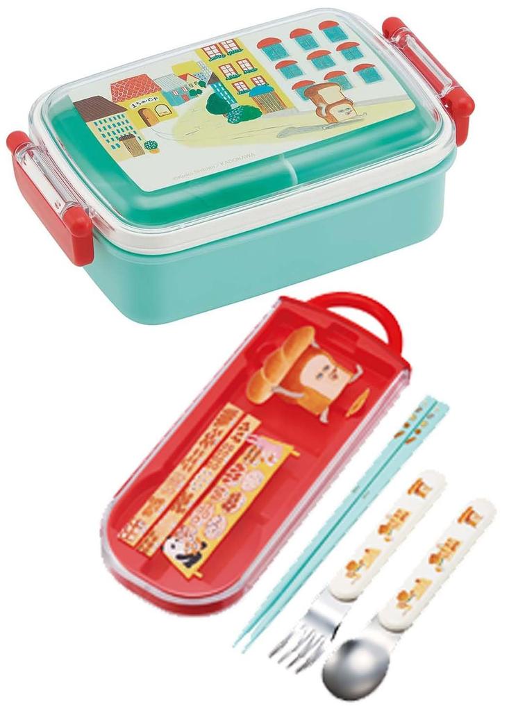Skater Bento Trio and Antibacterial Made in TACC2AG Kids' Set, Chopsticks, Spoon, Fork, Cutlery, Easy-Open Slide-Open Design, Japan, "Bread Thief"