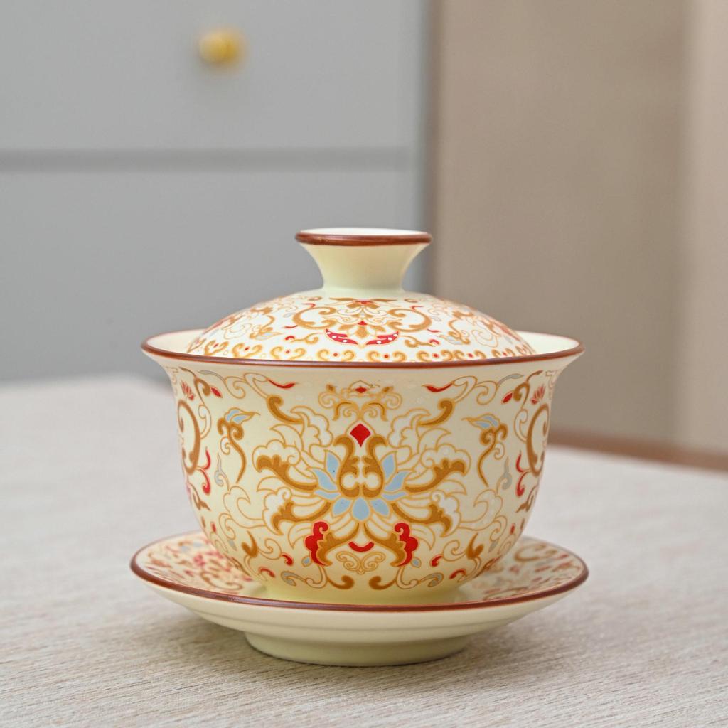 Light Luxury Beige Ru Kiln Gaiwan Tea Set with Gold and Silver Inlay - Large Capacity and Anti-scalding for Gongfu Brewing