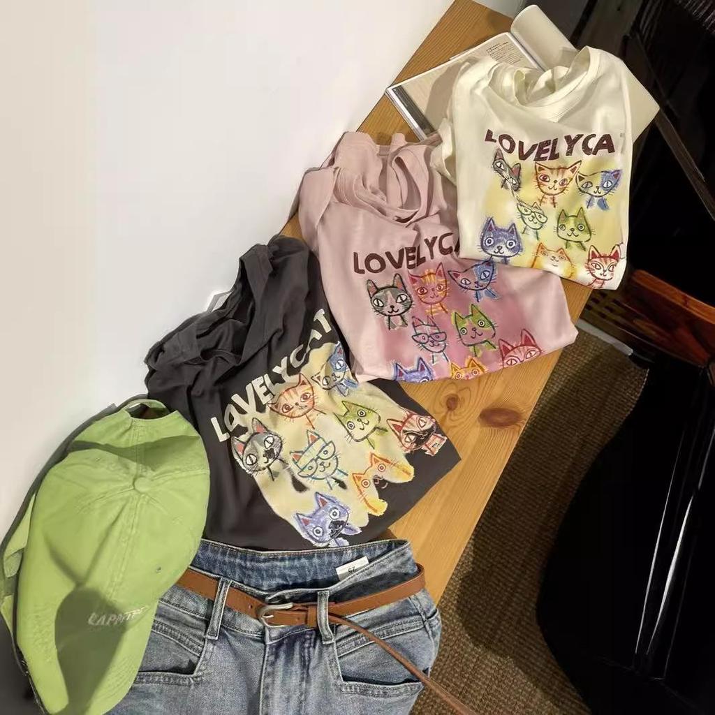 Plus Size Ice-Cool Cat Print Women’s Summer T-Shirt – Short Sleeve, Breathable, Colorful, Loose Fit