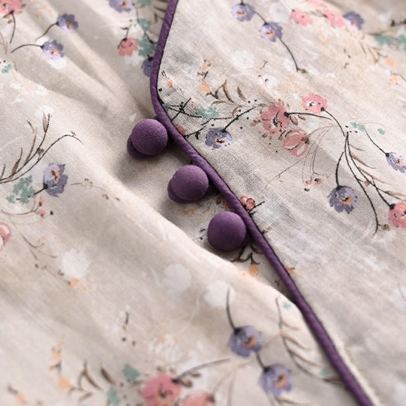 Johnature Women Vintage Print Floral Dress Stand Button Short Sleeve Summer Chinese Style Dress