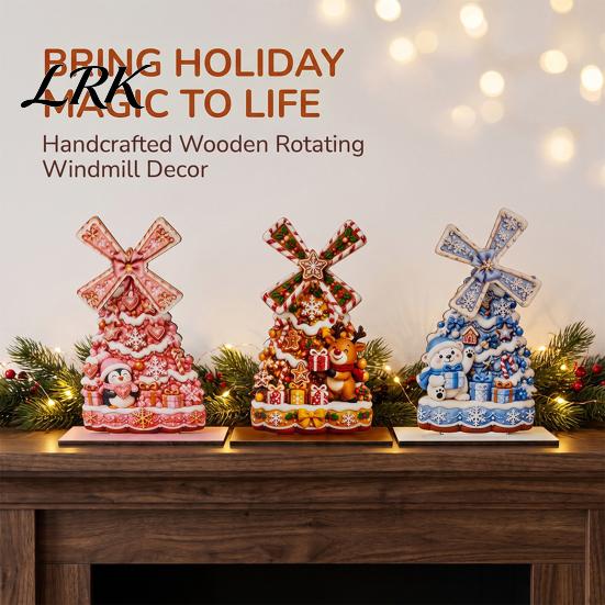 Kerstman Bureau Centerpiece Kerst Windmolen Houten Ornament, Decoratief Ambacht met Draaiend Peperkoekhuis Tafeldecor Bladen, Handgemaakt