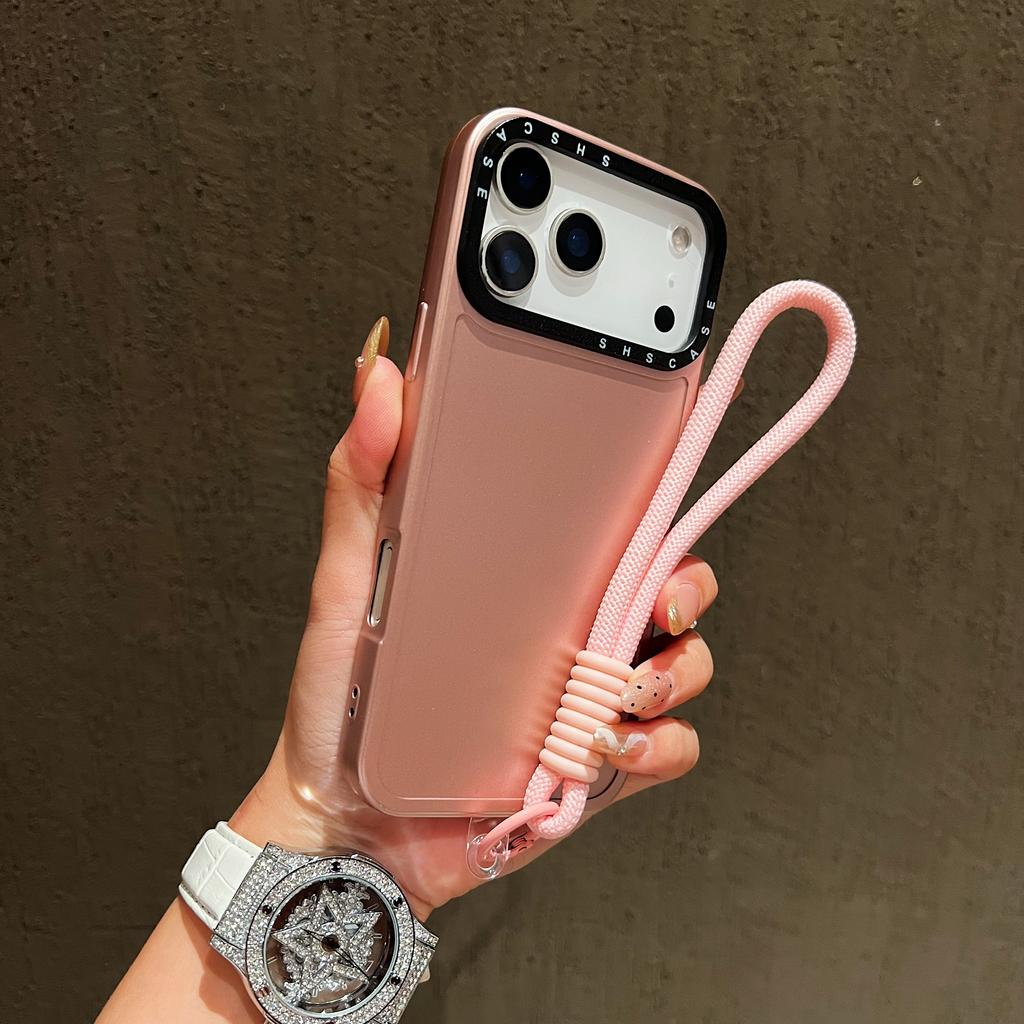 For iPhone 17 Pro Case Black Lens Frame Metal Paint Finish PC + TPU Phone Back Cover with Wrist Strap