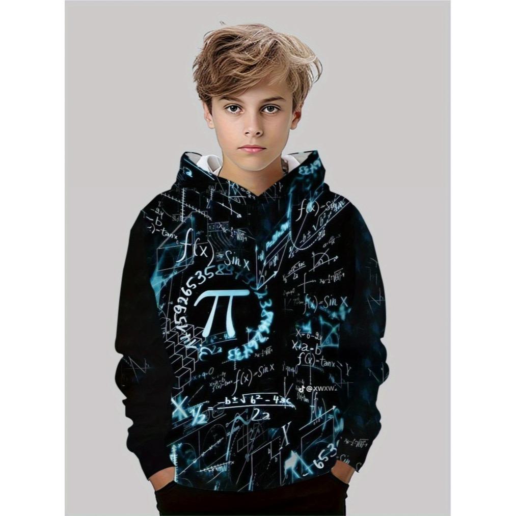 High quality 3D printed hoodie for boys, made of durable polyester fiber material and designed with black mathematical patterns
