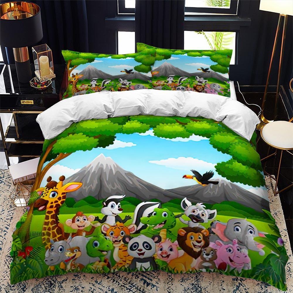 Zoo Duvet Cover Set King Queen Size Animal In The Forest Cartoon Illustration Lion Panda For Kids Girl Boy Polyester Bedding Set