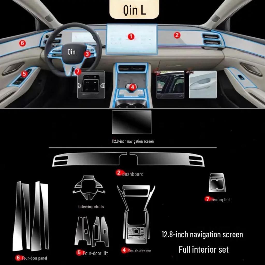 Compatible BYD Qin L Interior Accessories: Navigation Screen, A/C, Gear Shift Films, Center Pillar Sticker, HD TPU for 25 Models