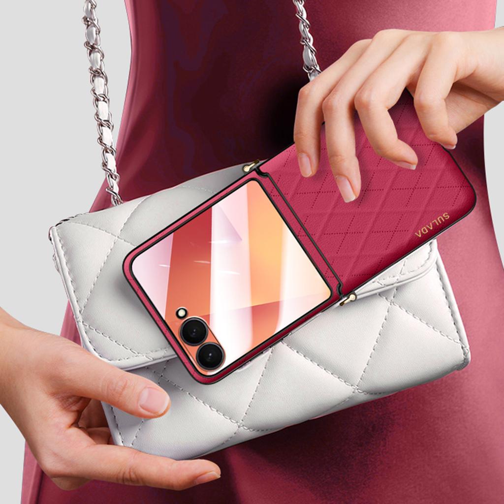 SULADA For Samsung Galaxy Z Flip7 5G Case Rhombus Leather+PC Phone Cover with Shoulder Strap