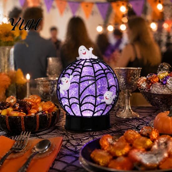 Halloween Night Light Ghost Glitter Ball Lamp, Glowing Spiderweb Faux Crystal Sphere Light, Lamp Purple Glow Spider for Holiday Party Table Decoration