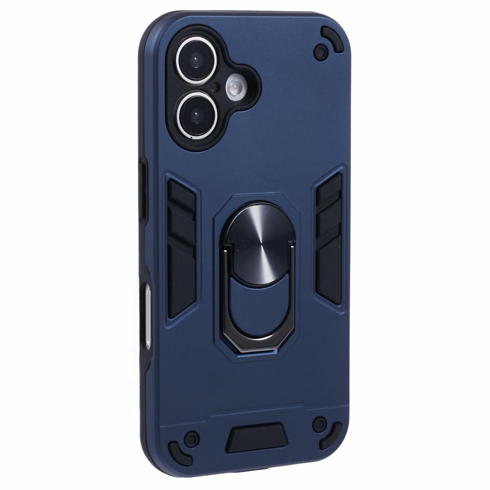 

For iPhone 16 Plus Case PC+TPU Drop Defend Phone Cover with Ring Kickstand Blue