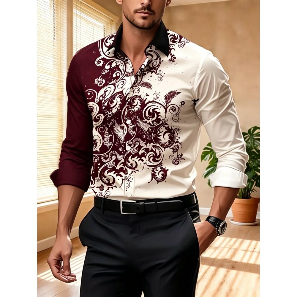 Men's Contrasting Baroque Printed Long Sleeved Shirt, Slim Fit Collar Shirt, European and American Party Trend Men's Top