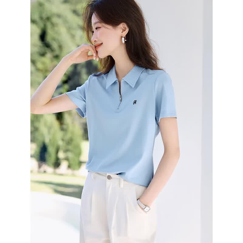 Women s Casual POLO Collar Zipper Short Sleeve Shirt S