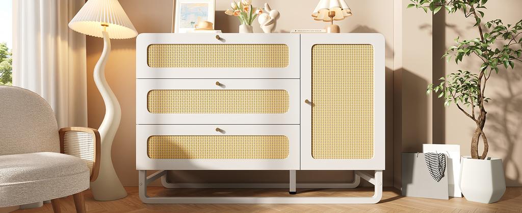 Schubladenschrank mit Rattan- & Goldgriffen, Landhausstil Weiß mit 3 Schubladen & 1 Tür, Höhenverstellbare Einlegeböden & Kippsicherung, 120x85x40 cm