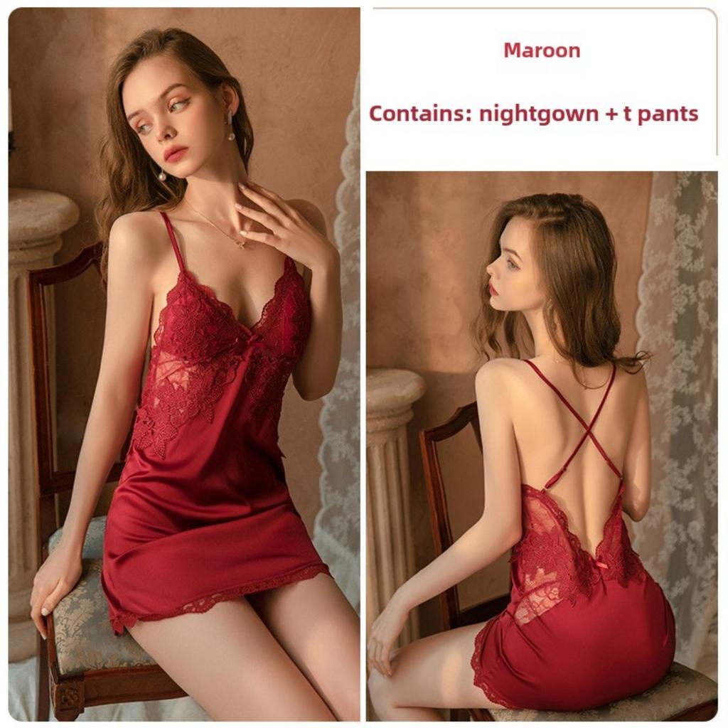 Satin Chest Pad Suspender Nightdress Sexy Deep V Lace-up Nightgown Loungewear Set