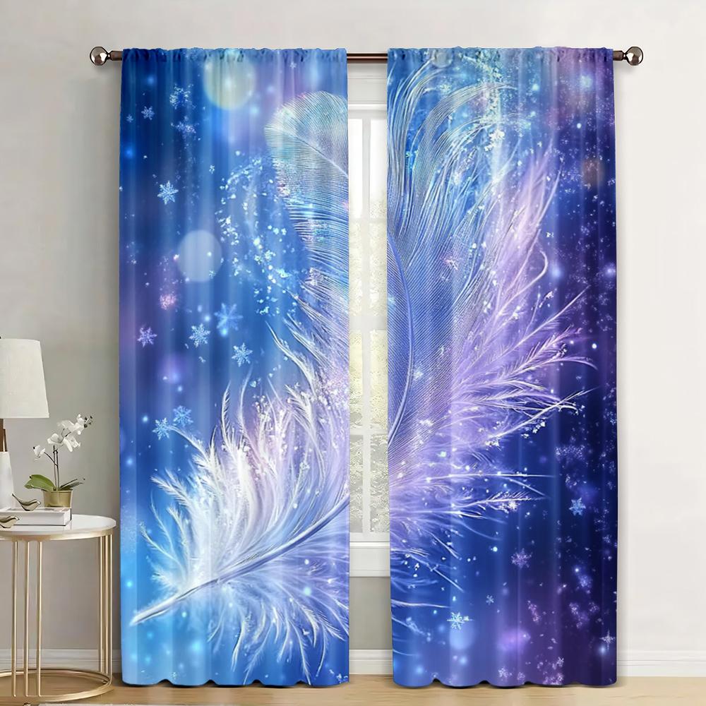 2pc,  Window Treatment Curtains Feather Pattern Machine Washable Fabric,Without Electricity Birthday Party for Home Decor