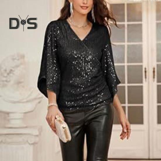 Women Top Shiny Sequin Hollow Out Three Quarter Horn Sleeve Solid Color V Neck Loose Pullover Soft Breathable Lady Commute Prom Blouse