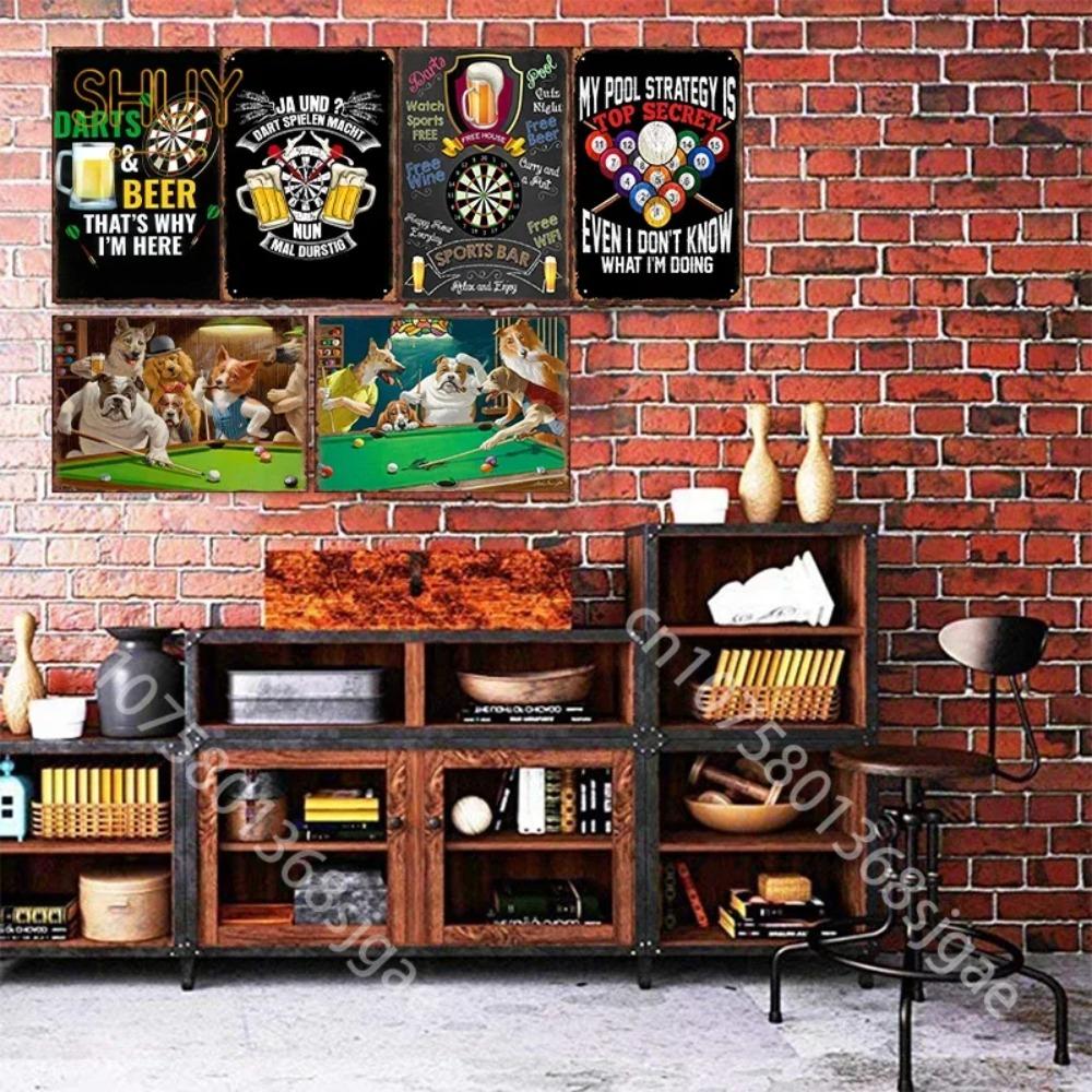 Vintage Darts Billiards Pinballs Metal Tin Signs - Bar Club Pub Wall Decor, Entertainment Venues Home Plaques