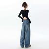 Women's High Waist Wide Leg Retro Scimitar Jeans - Deep Blue, Versatile Spring & Autumn