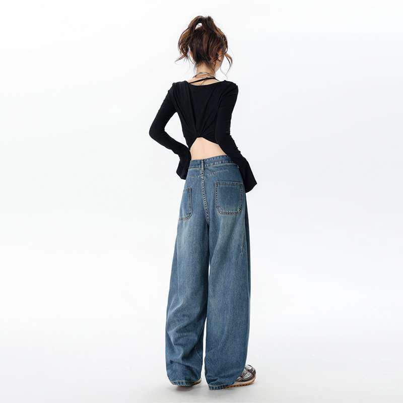 Women's High Waist Wide Leg Retro Scimitar Jeans - Deep Blue, Versatile Spring & Autumn