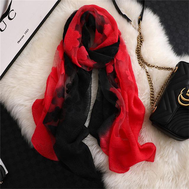 Double-Color Matching Women Scarf 70*190 Cm Female Fashion Cut Flower Hollow Petal Imitation Silk Wool Scarf Versatile Scarf