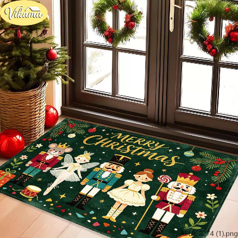 Christmas Nutcracker Rug, Merry Christmas Soldier Holly Berry Welcome Rug, Soft Non-Slip Entryway Doormat, Home Decor