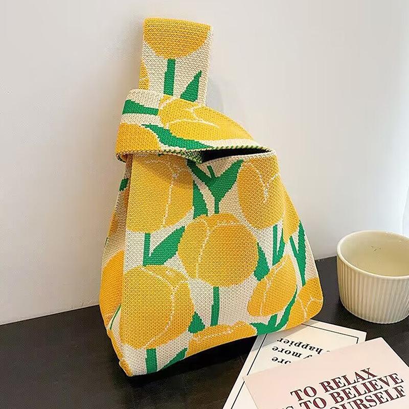 Portable Mini Striped Tote Handmade Knitted Bag Women'S Knot Wrist Bag Bucket Phone Bags Large Capacity Autumn Winter Handbags