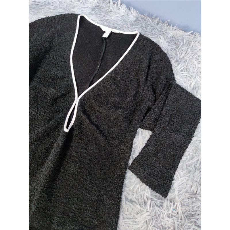 Export Single H Home Texture Uneven Feel Cotton Capable Work Clothing Ol Black Dress Low-Cut Sexy Design Long Sleeve Skirt