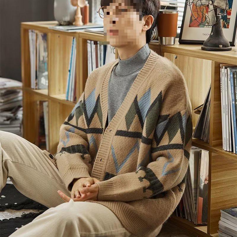 2025 Стиль Гонконга Новый Осенне-Зимний Модный Свободный Вязаный Мужской Кардиган-Свитер Color Block M