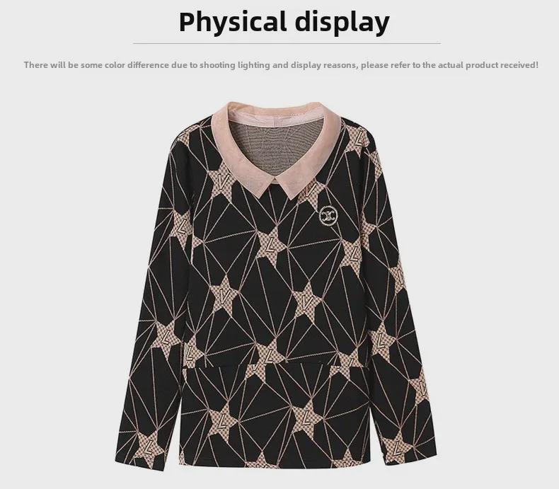 Large Loose Korean Doll Collar Long-Sleeve Mesh Print Top for Middle-Aged Women - Spring Fashion
