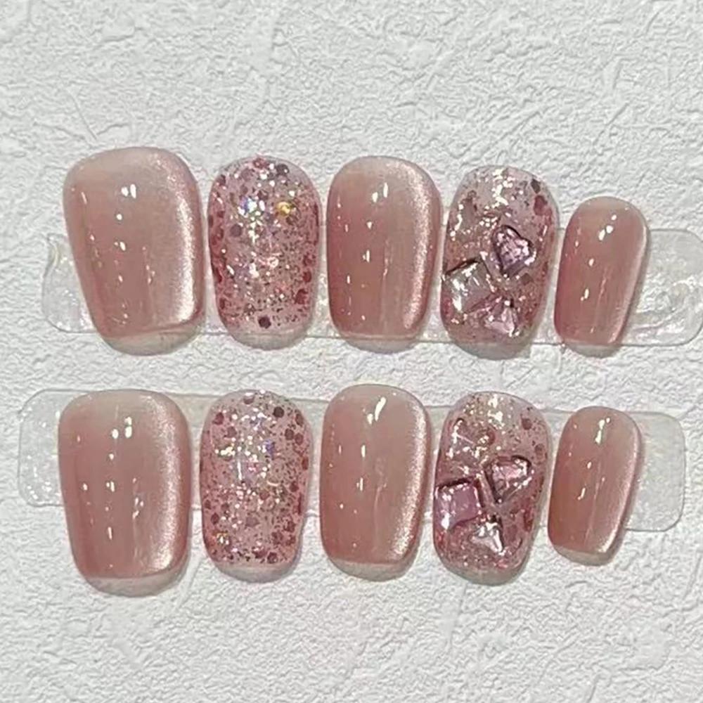 Summer Sweetheart Handmade Full Cover False Nails Kawaii Cartoon Cat Flower Cat Eye Short Square Reusable Fake Nail Stickers