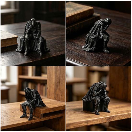 Medieval Knight Statue 3D Printed Statue, Meditating Figurine with Armor Cloak, Meditative Warrior Vintage Gothic Desktop Art Ornament for Bookshelf