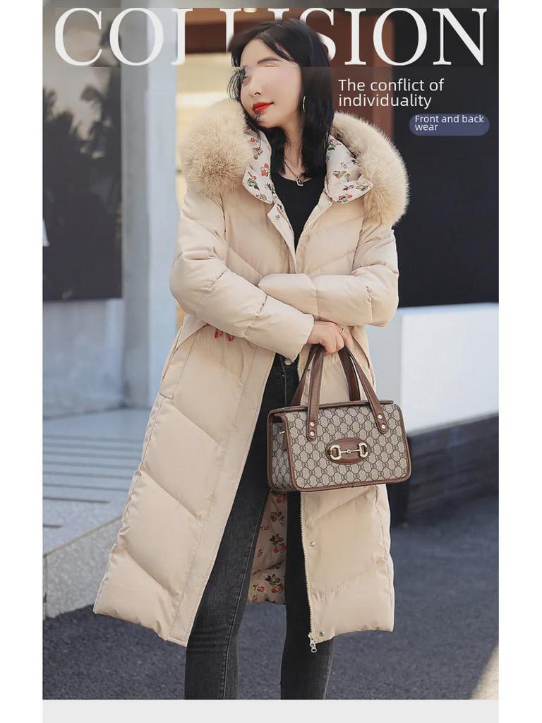 Women's Knee-Length Double-Sided Down Cotton Coat with Large Fur Collar Hood - New Winter Fashion.