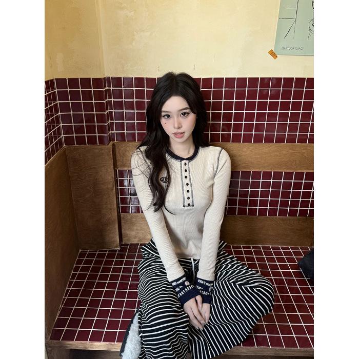

Women s Color Block Anti-Aging Long-Sleeve T-Shirt - Stylish, Slim, and Sweet Autumn Design for 2025 Small абрикосовый