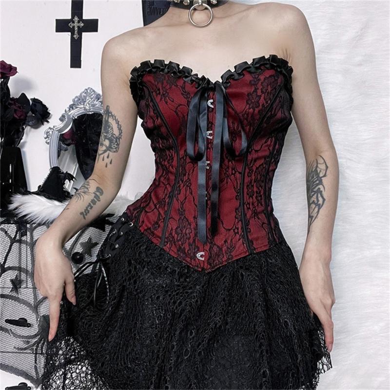 Ladies Lace Pattern Strapless Vest Elastic Rope Corset with Adjust Rope Universal Women Banquet Dress Shirt Coat Corset
