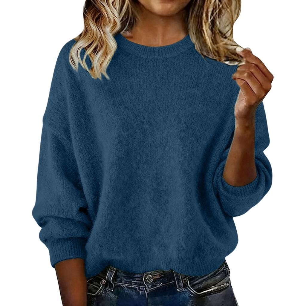 Fall Winter Women's Solid Color Crew Neck Loose Sweater, Casual Fashion Versatile Top for Women