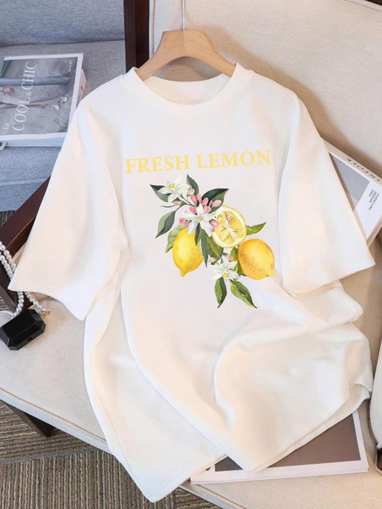 100 Cotton Summer TShirts Womens Fresh Lemon Flowers Printing Tops Comfortable Soft ONeck Short Sleeve Casual Womans Clothes