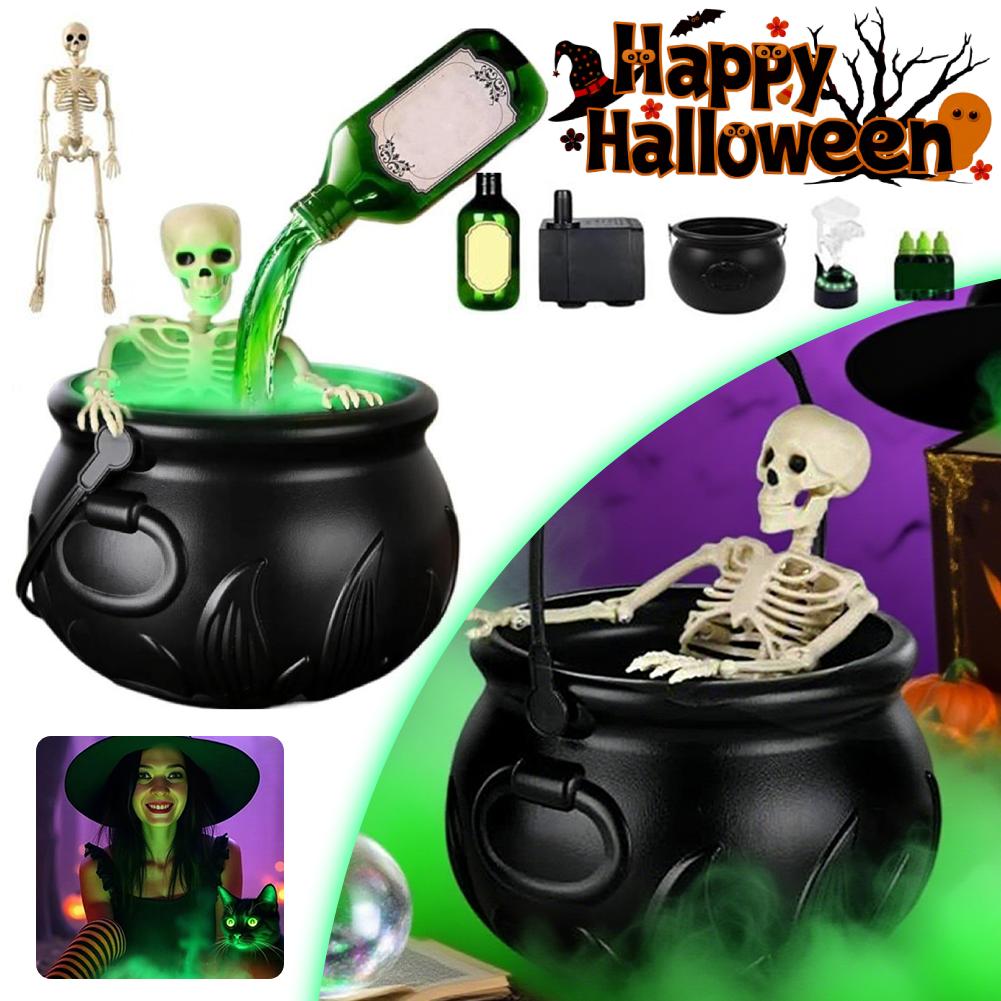 Witch Bowl Spooky Witch Mist Maker Cauldron with Floating Bottle Black Plastic Cauldron & Skeleton Halloween Decor LED Cauldron