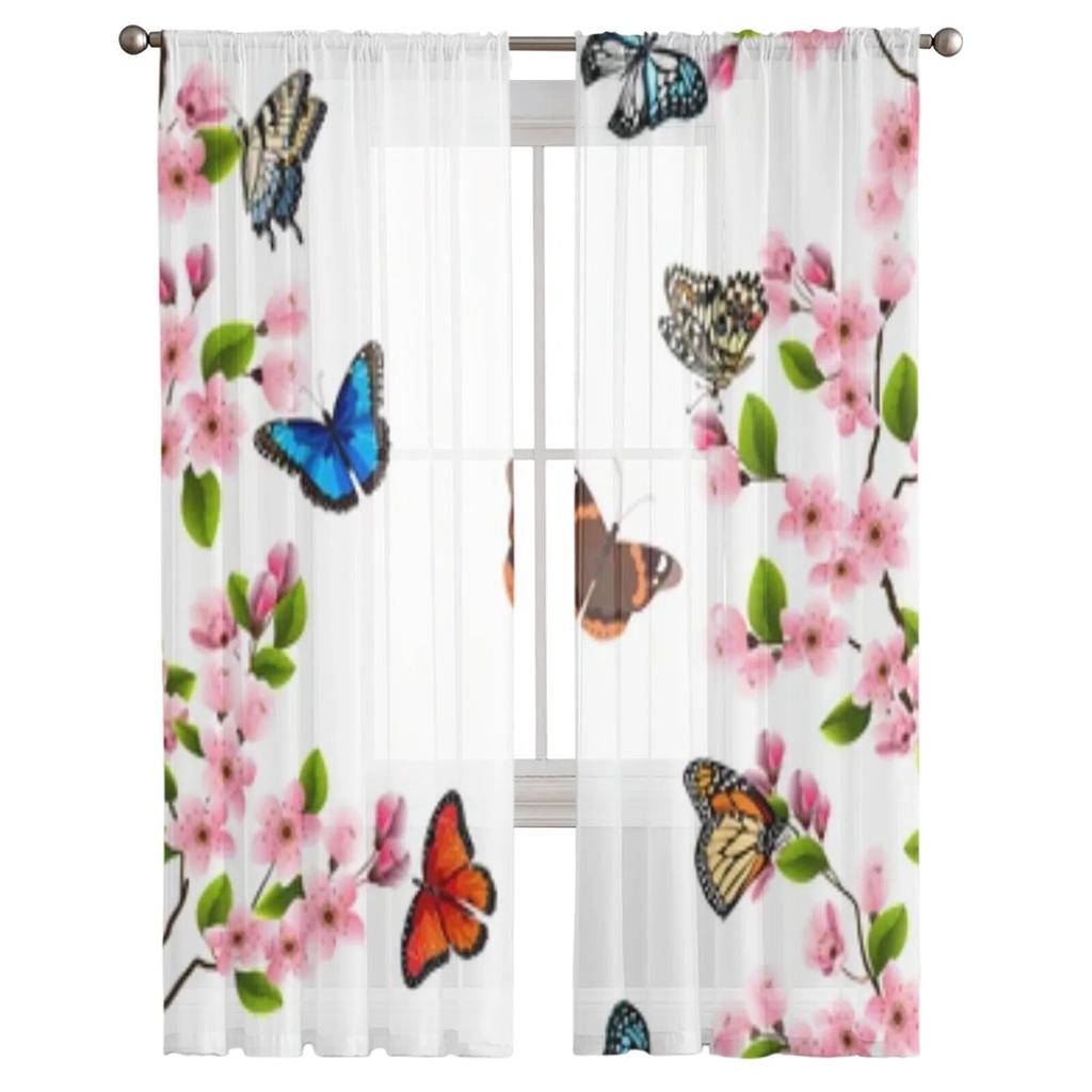 Sakura And Butterflies Sheer Curtains For Living Room Window Transparent Voile Tulle Curtain Bedroom Drapes Home Decor