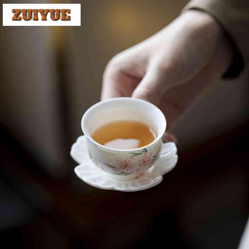 50ml Hand-painted Peach Blossom With Coaster Teacup Boutique Tea Bowl Mug Tea-tasting Smelling Cup Chazhan Master Cups Teaset