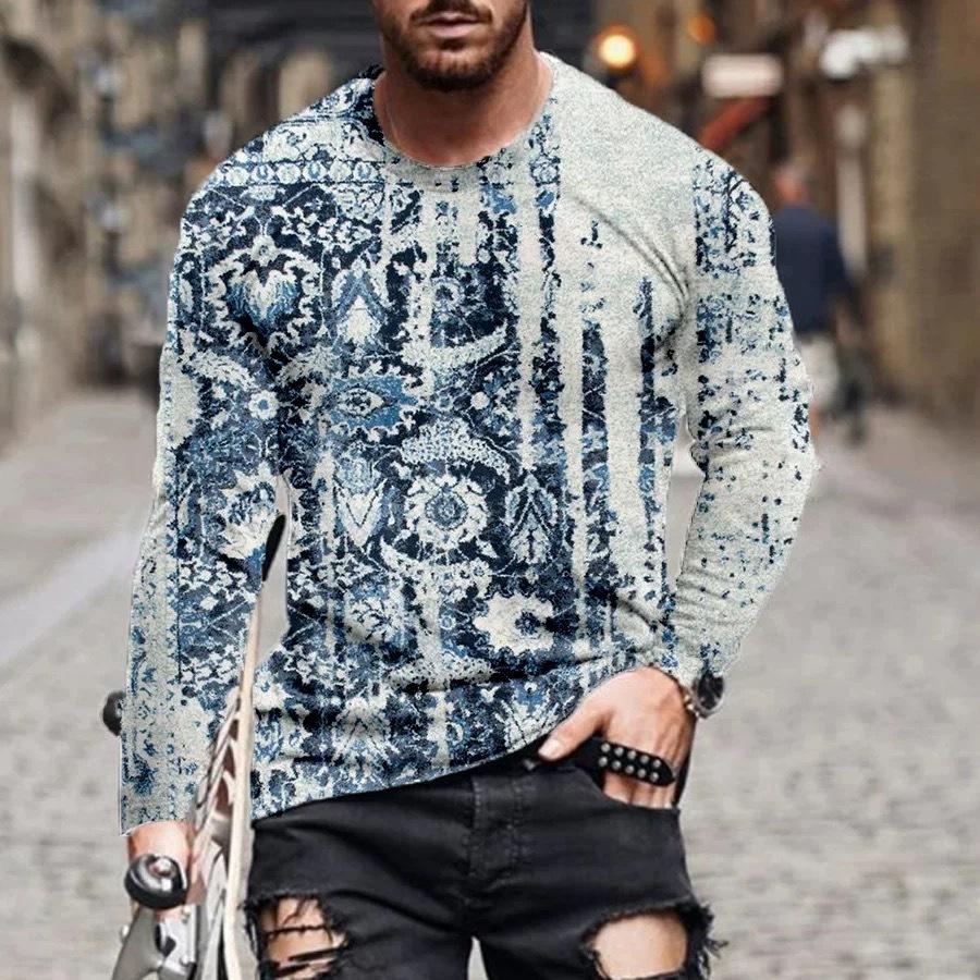 Spring and Autumn Round Neck 3D Printed Top Fashionable Casual retro Long Sleeved Men's T-shirts