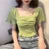 Summer New Fashion Simple Square Neck Design Feeling Short Sleeve Knitted T-shirt Women Solid Ruffles Backless Loose Short Tops