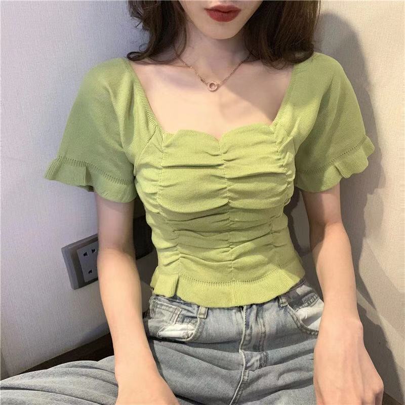 Summer New Fashion Simple Square Neck Design Feeling Short Sleeve Knitted T-shirt Women Solid Ruffles Backless Loose Short Tops