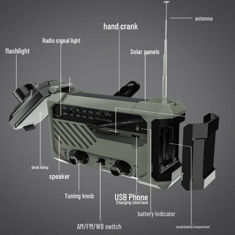 Emergency Hand-Crank Solar Flashlight Radio Power Bank