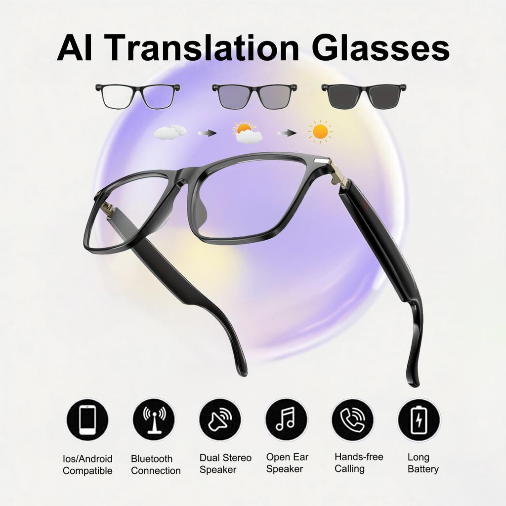 New AI Translation Smart Glasses with Photochromic Lenses Support 160+ Languages Real-time Translation Dual-speaker ENC Call Wireless Music Playback