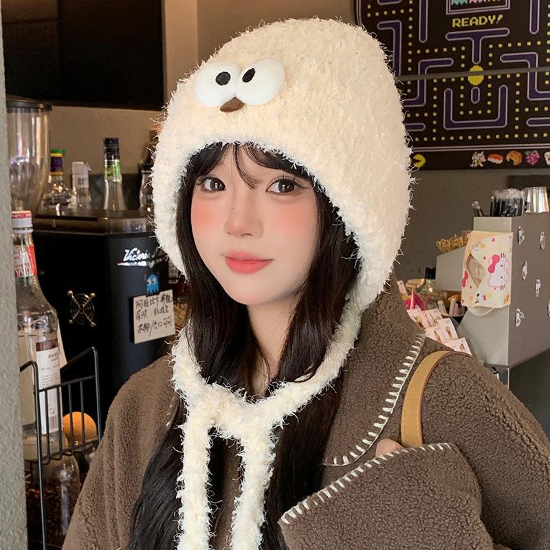 Cute Funny Hat for Women Thickened Ear Protection Warm Knitted Hat Big Head Size Woolen Hat Big Eyes Pullover Hat