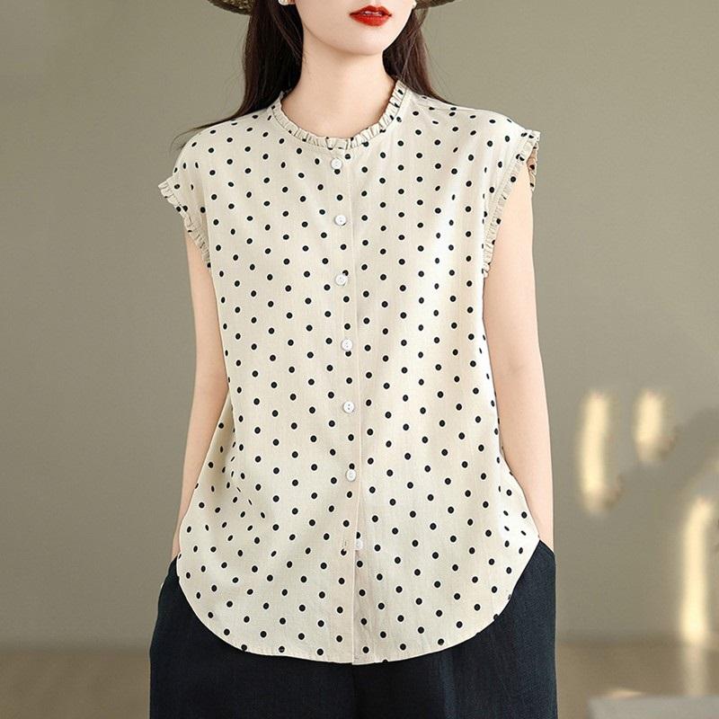 Kurzarm Oversize Baumwolle Pünktchen Vintage Hemden & Blusen für Bluse Lässig locker Sommer Oberteile Damen Knopfleiste Hemd